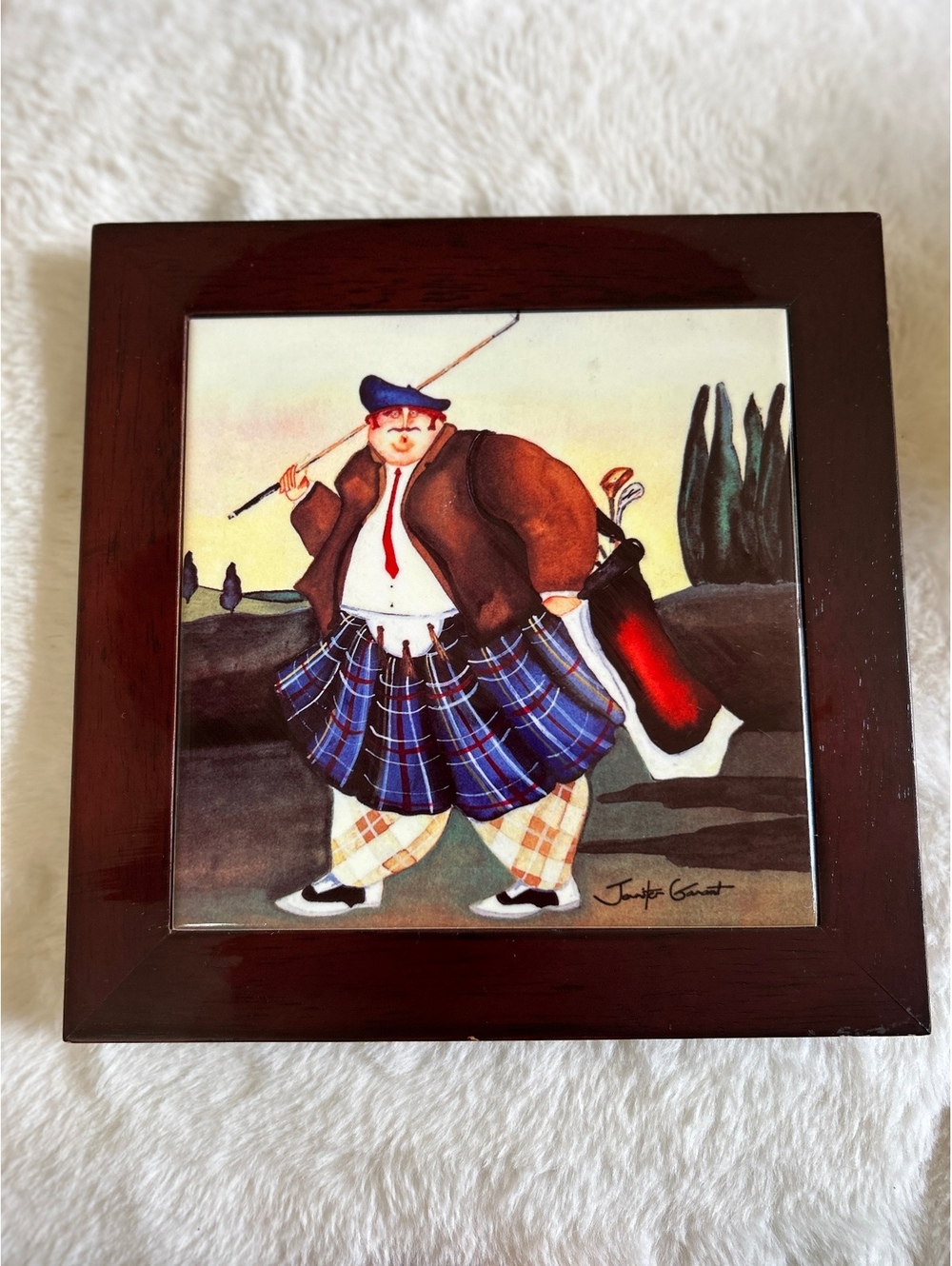 Decorative Wall Tile Plaque with Golfer Illustration in Wooden Frame